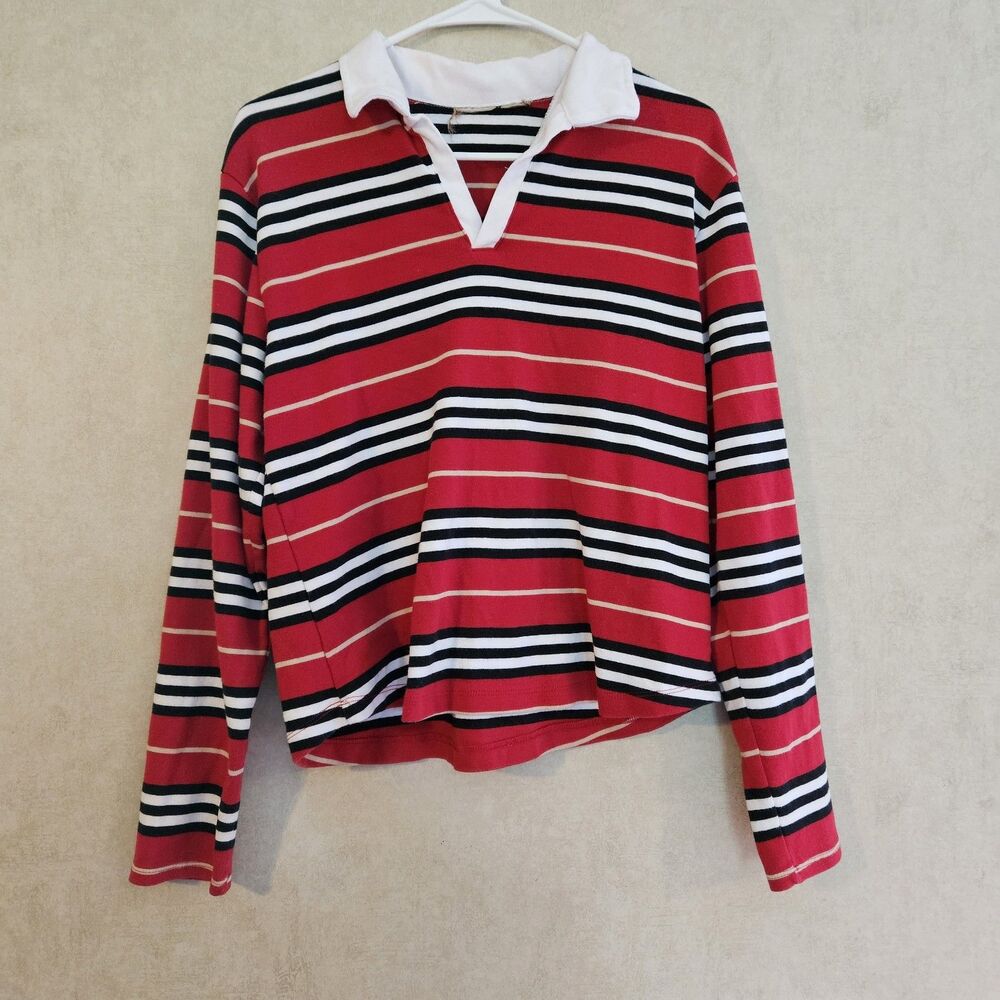Womens Red Striped Rugby Polo Shirt Long Sleeve Cropped Preppy Y2K Size Small